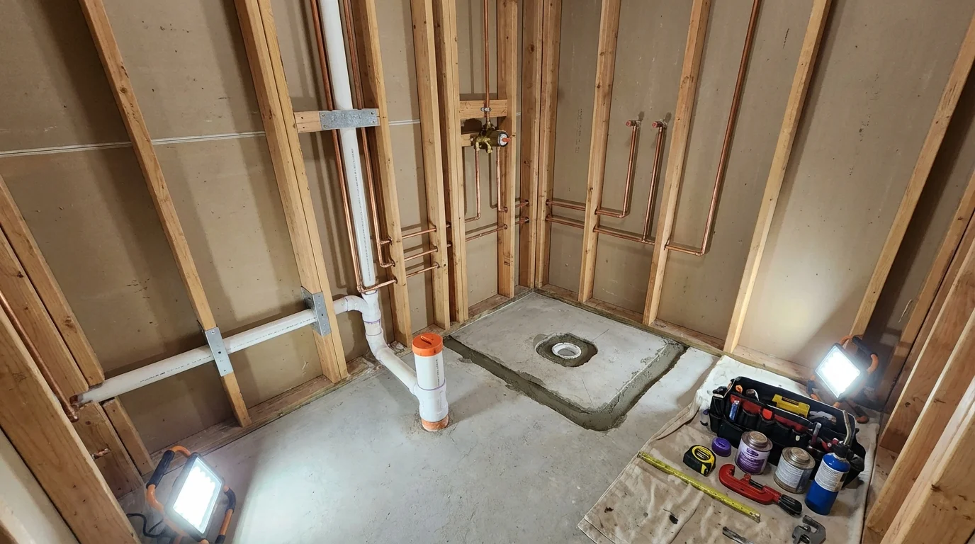 Bathroom rough-in plumbing during remodel by Johns Plumbing LLC in Rumney