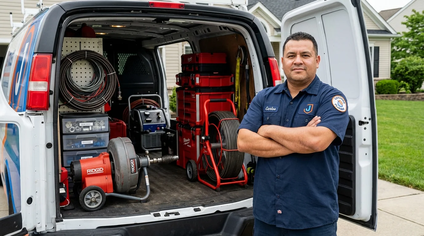 Professional drain cleaning equipment and Johns Plumbing LLC plumber in Rumney