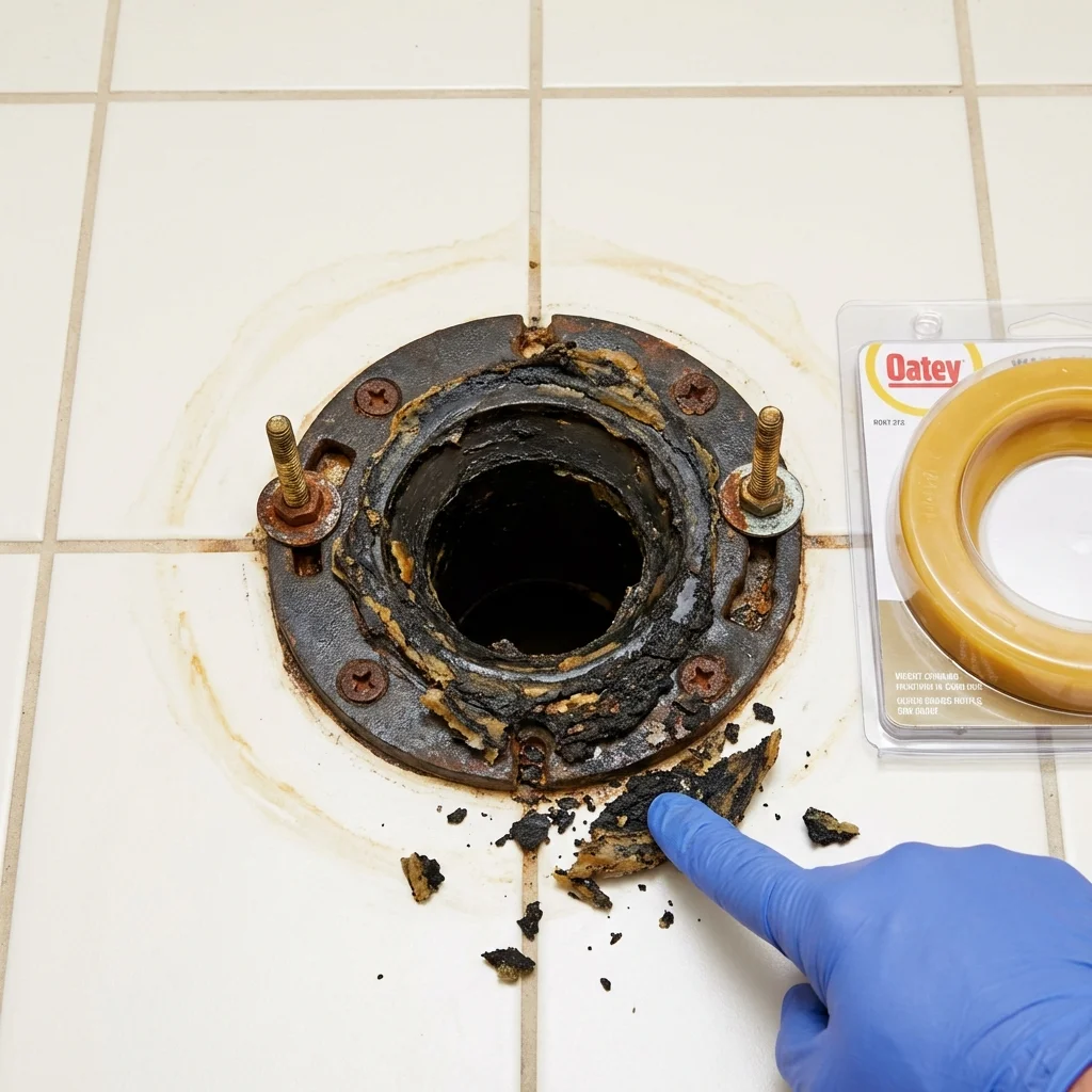 Failed wax ring showing water seepage at the base of a toilet in a Rumney, NH home