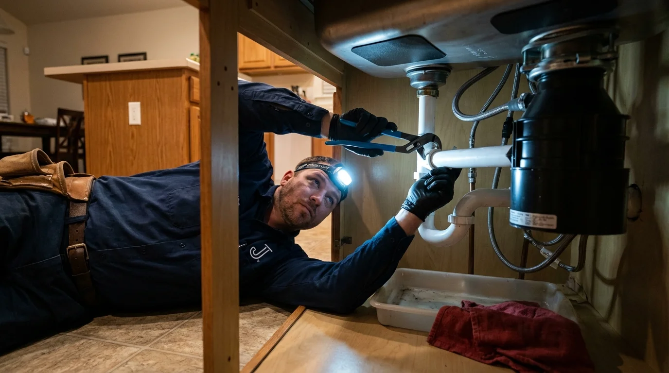 P-trap and supply line connections under a kitchen sink showing a common leak point in Rumney, NH